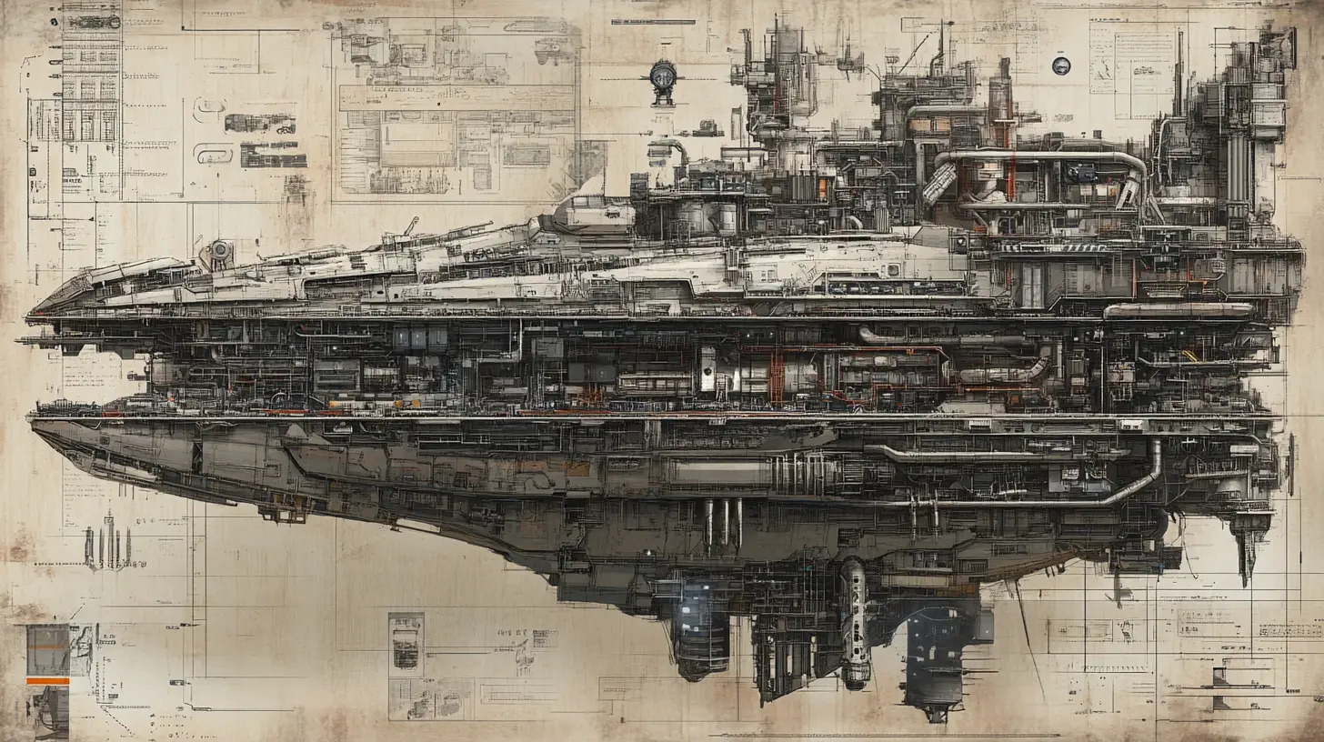 Cutaway view of a massive multi deck spaceship interior