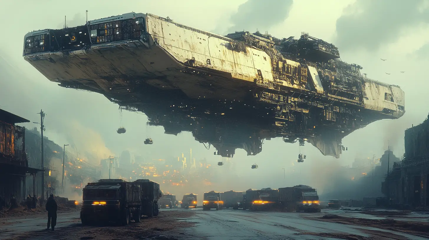 Colossal cargo ship descending over a decaying alien town