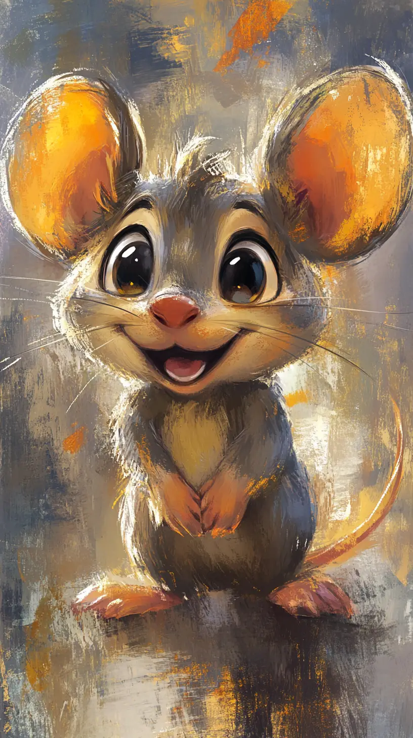 Smiling cartoon mouse with large expressive eyes and ears