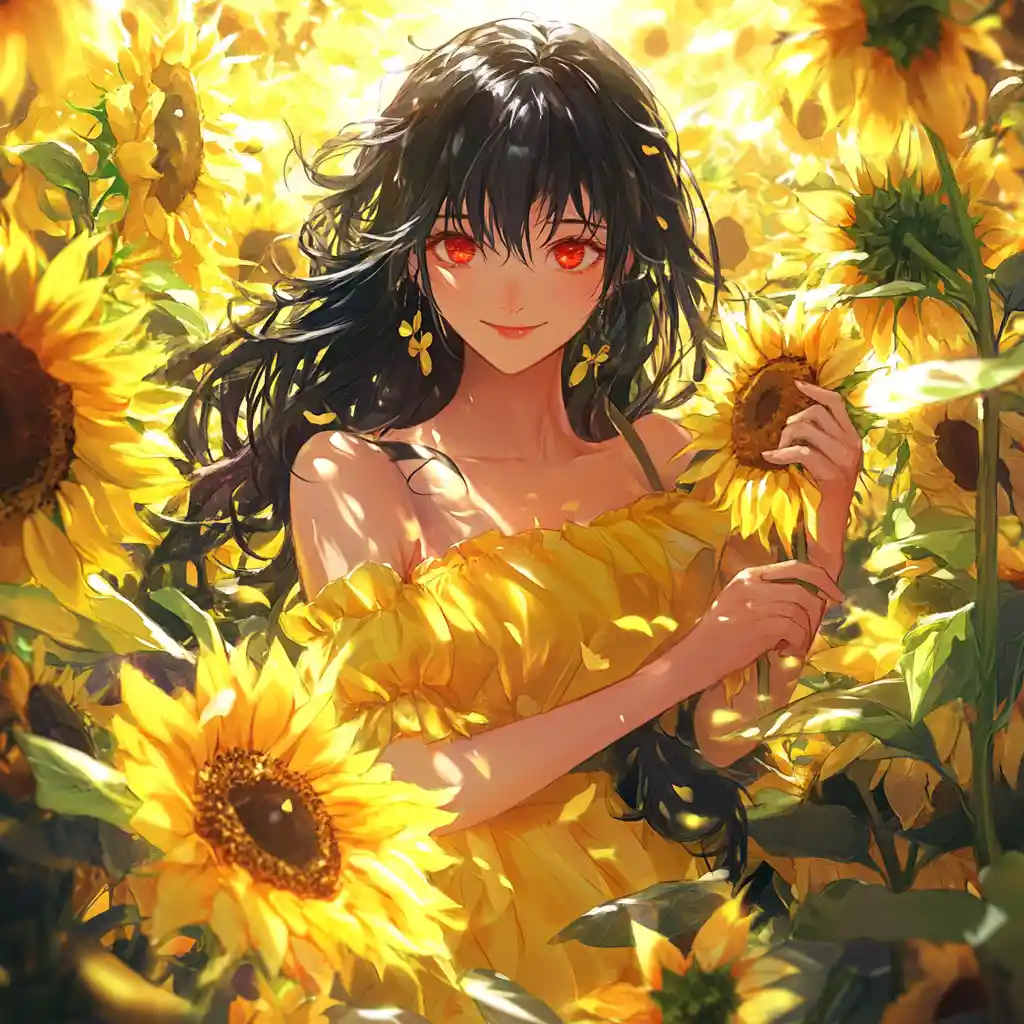 Anime girl in sunflower field with bright yellow sundress