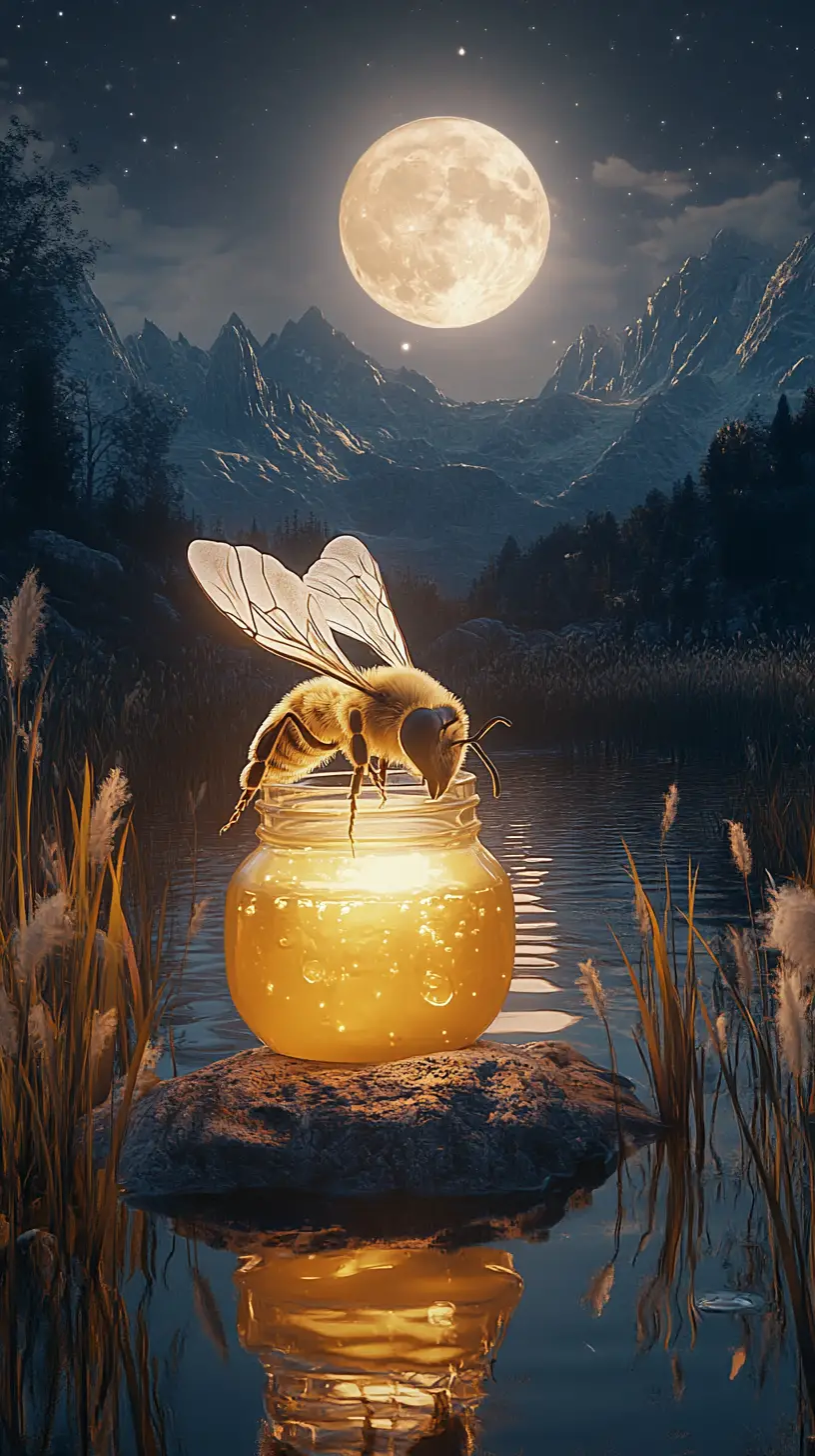 Bee Resting On Honey Jar Under Glowing Full Moon