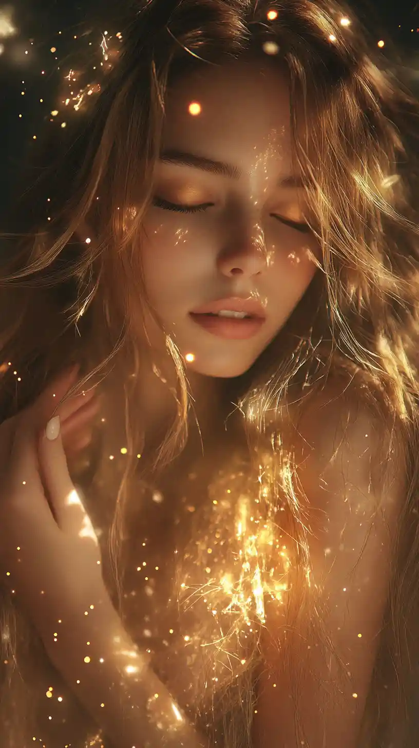 Ritratto da sogno di una donna luminosa sotto il cielo stellato