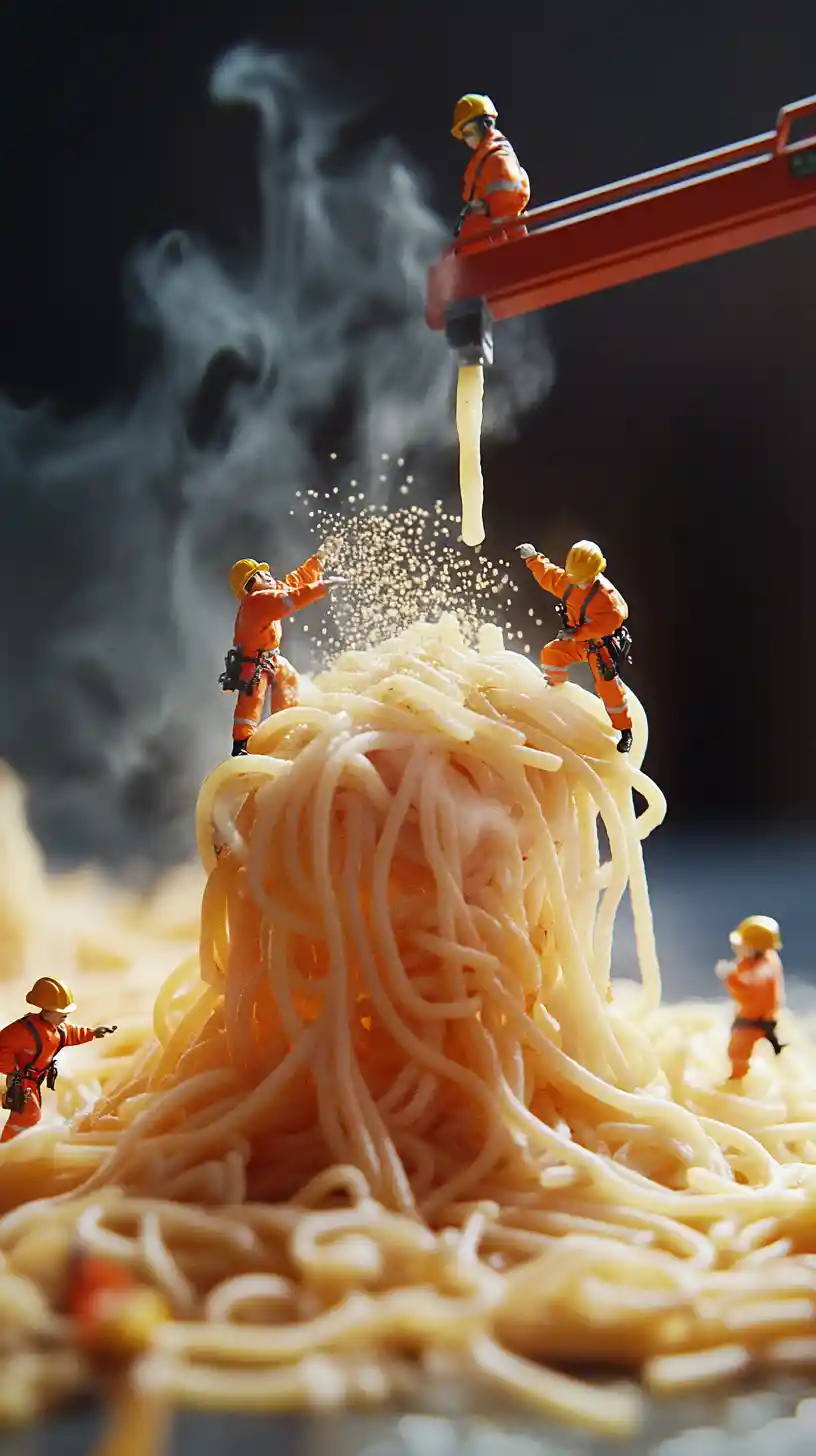 Tiny workers arranging giant spaghetti in a steaming pasta dish