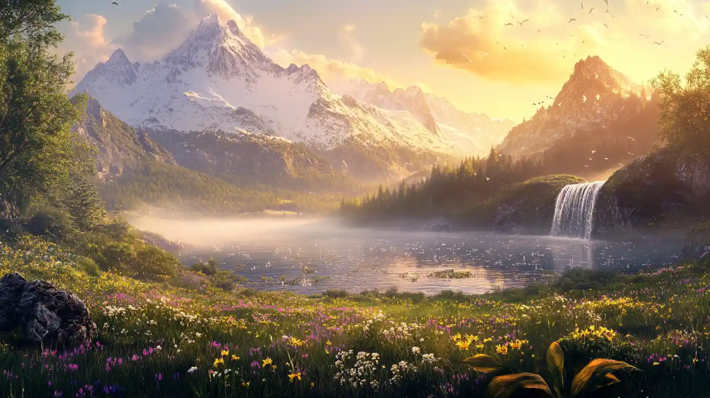 Serene alpine meadow sunrise with mountains and lake