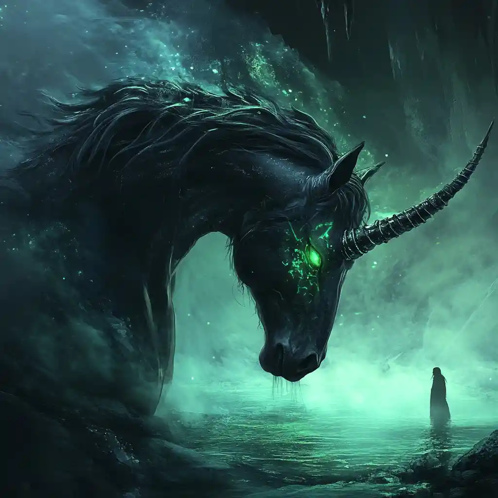 Dark unicorn by an underground lake in a cave