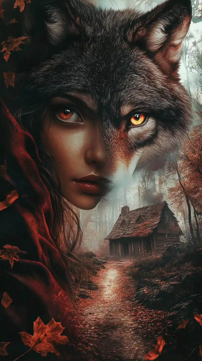 Woman and wolf merged beneath a dark red cape