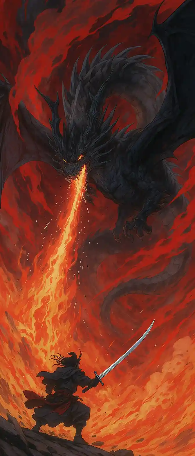 Black dragon attacking red sky as samurai strikes back