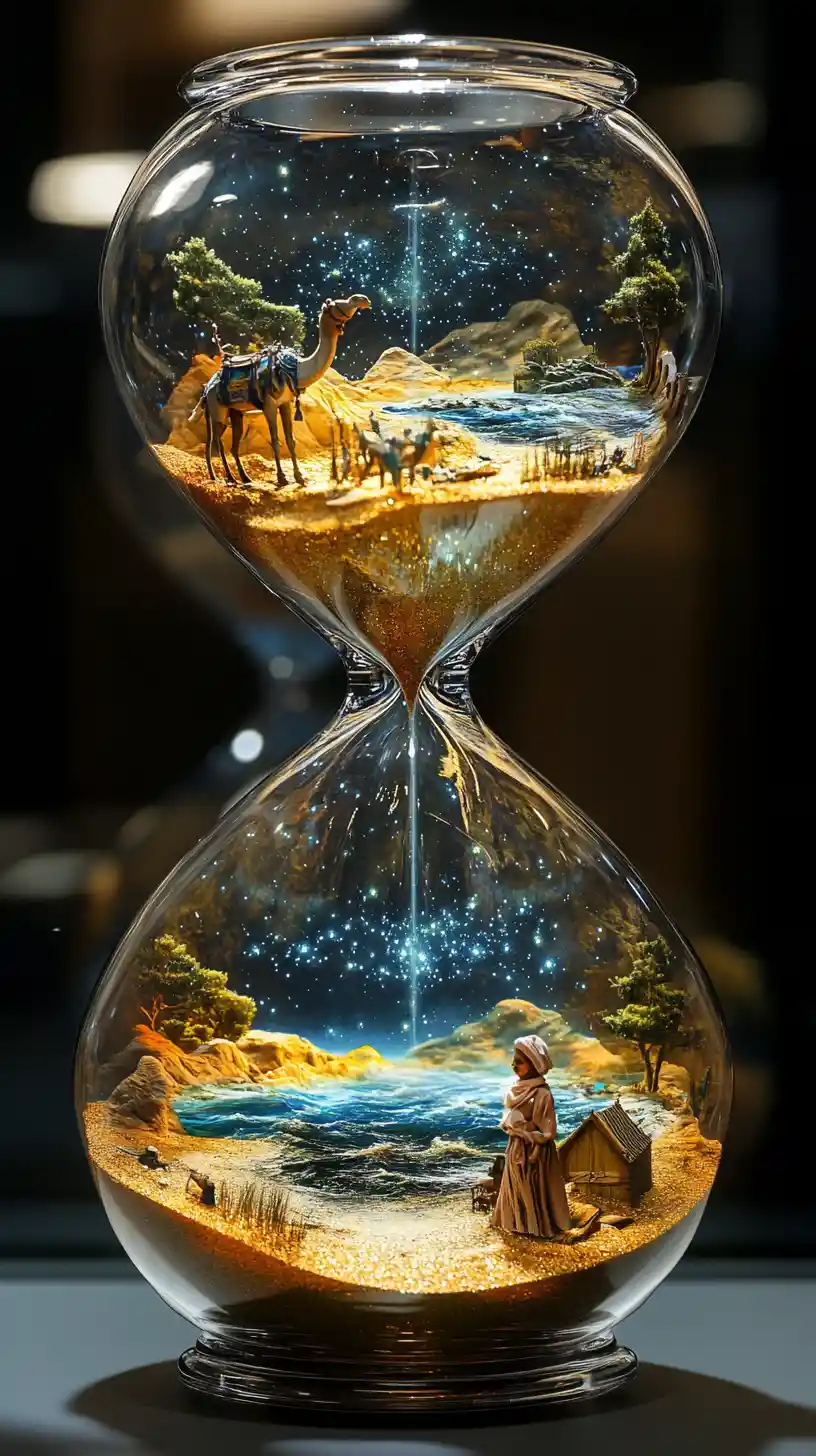 Surreal Hourglass With Desert Oasis And Ocean Landscape