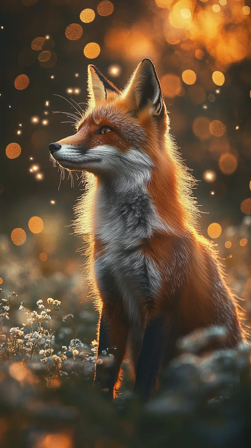 Red fox standing in glowing meadow at night
