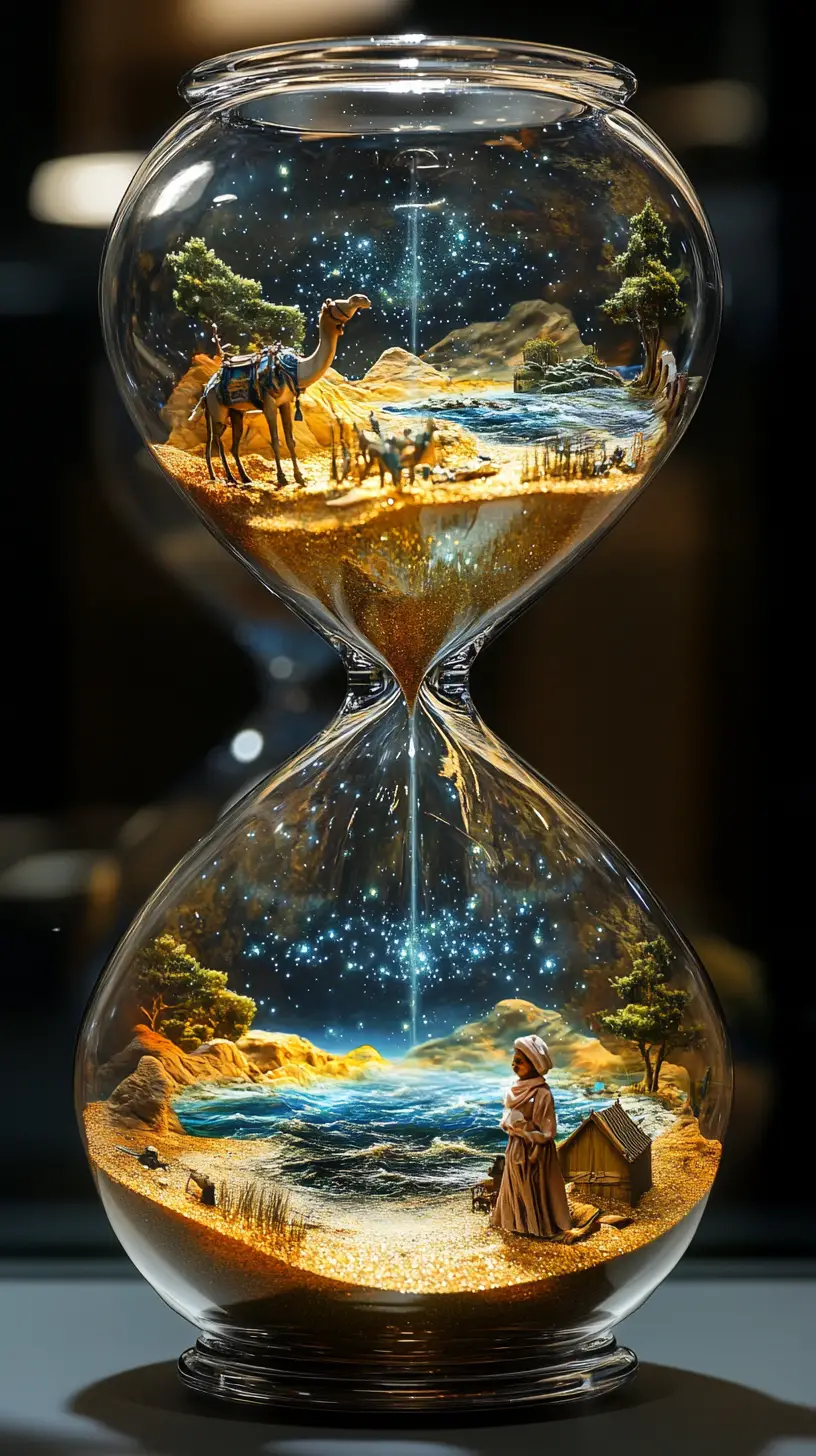 Surreal Hourglass With Desert Oasis And Ocean Landscape