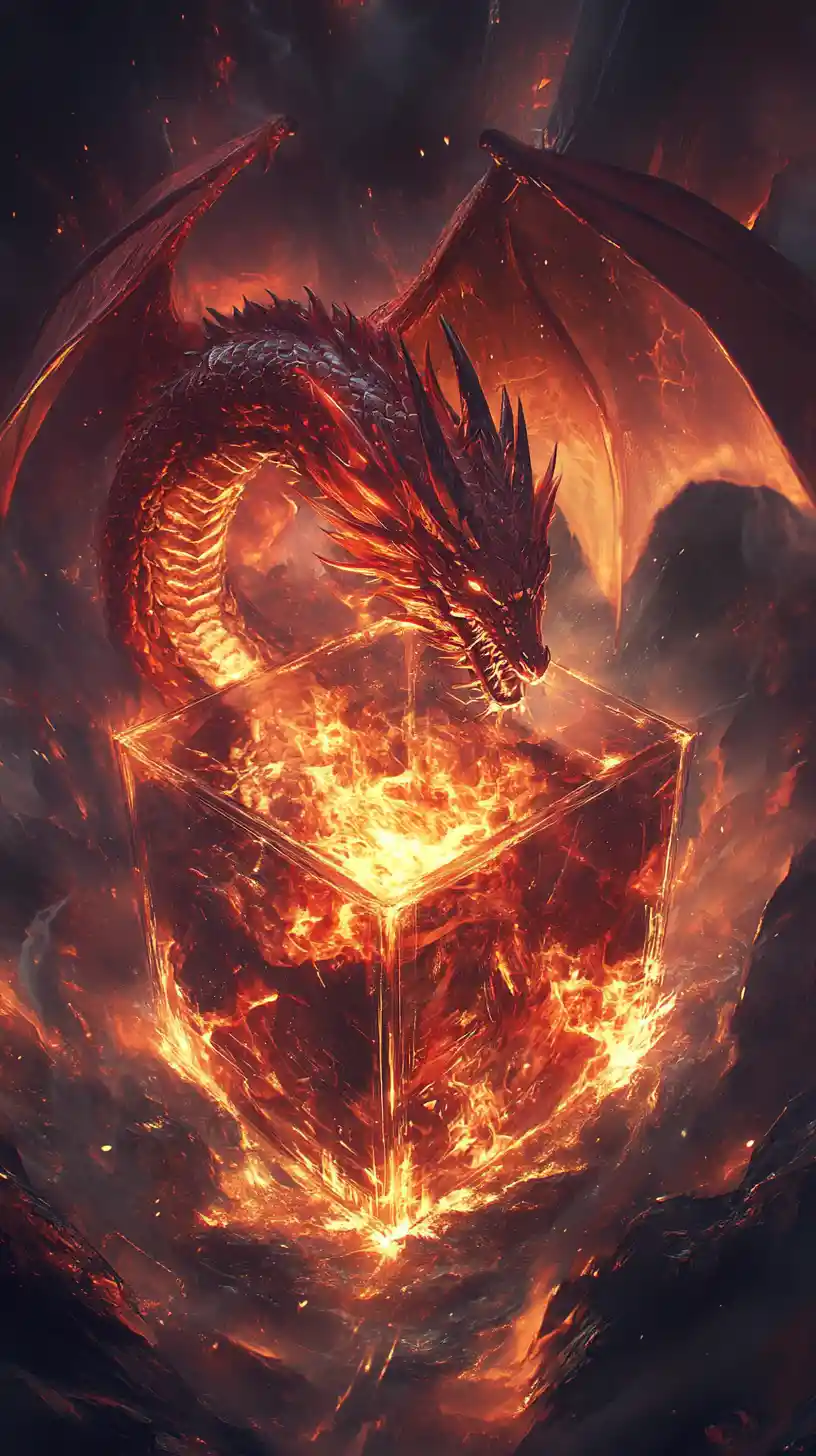 Fiery red dragon encased in a glowing glass cube