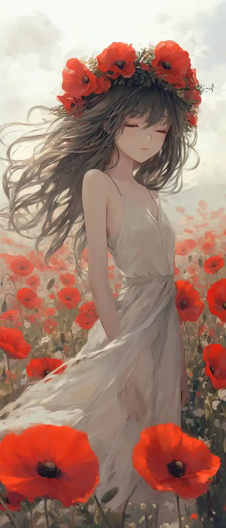Anime girl in poppy field wearing a boho summer dress