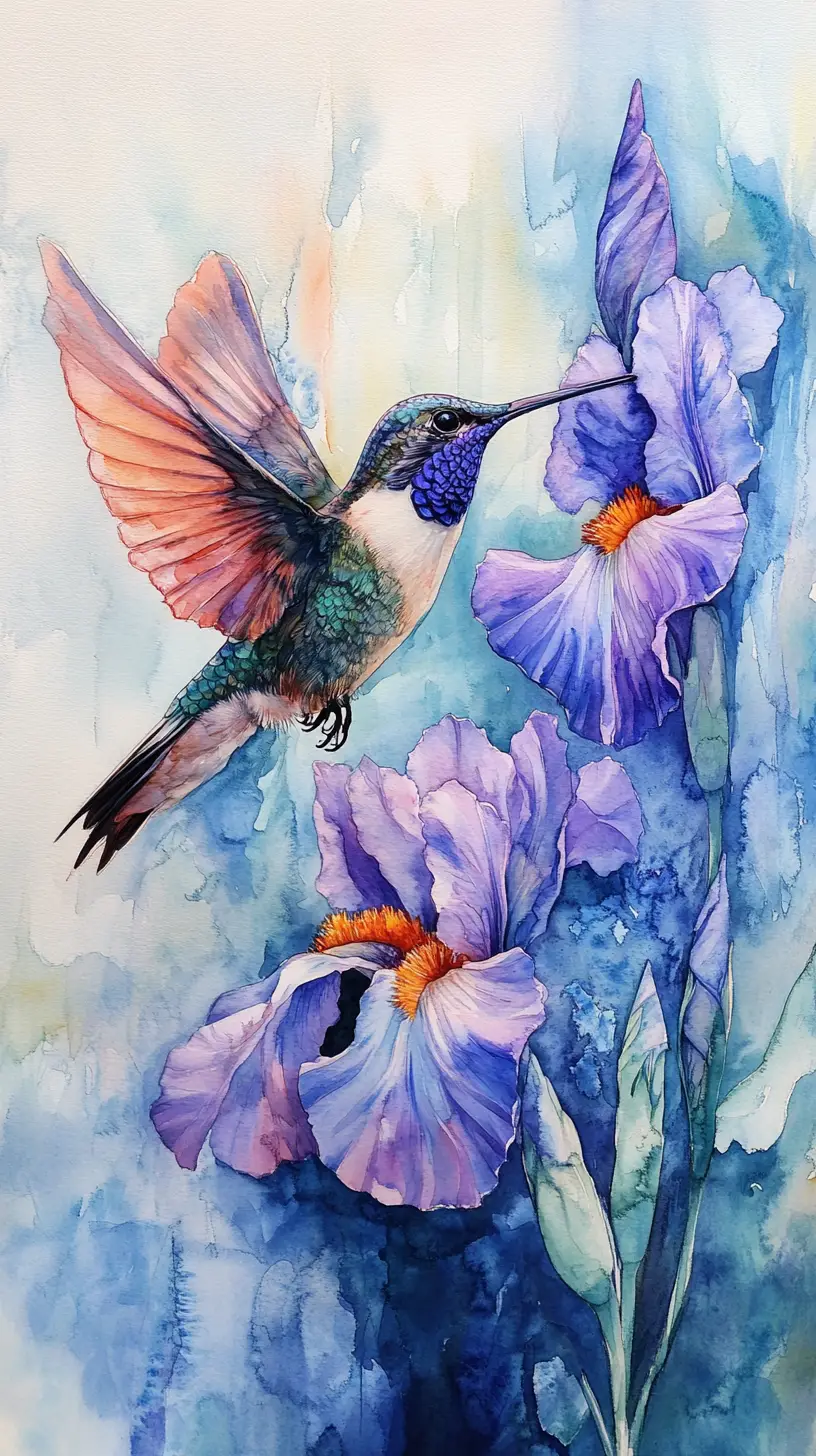 Watercolor hummingbird with iris flower in serene flight