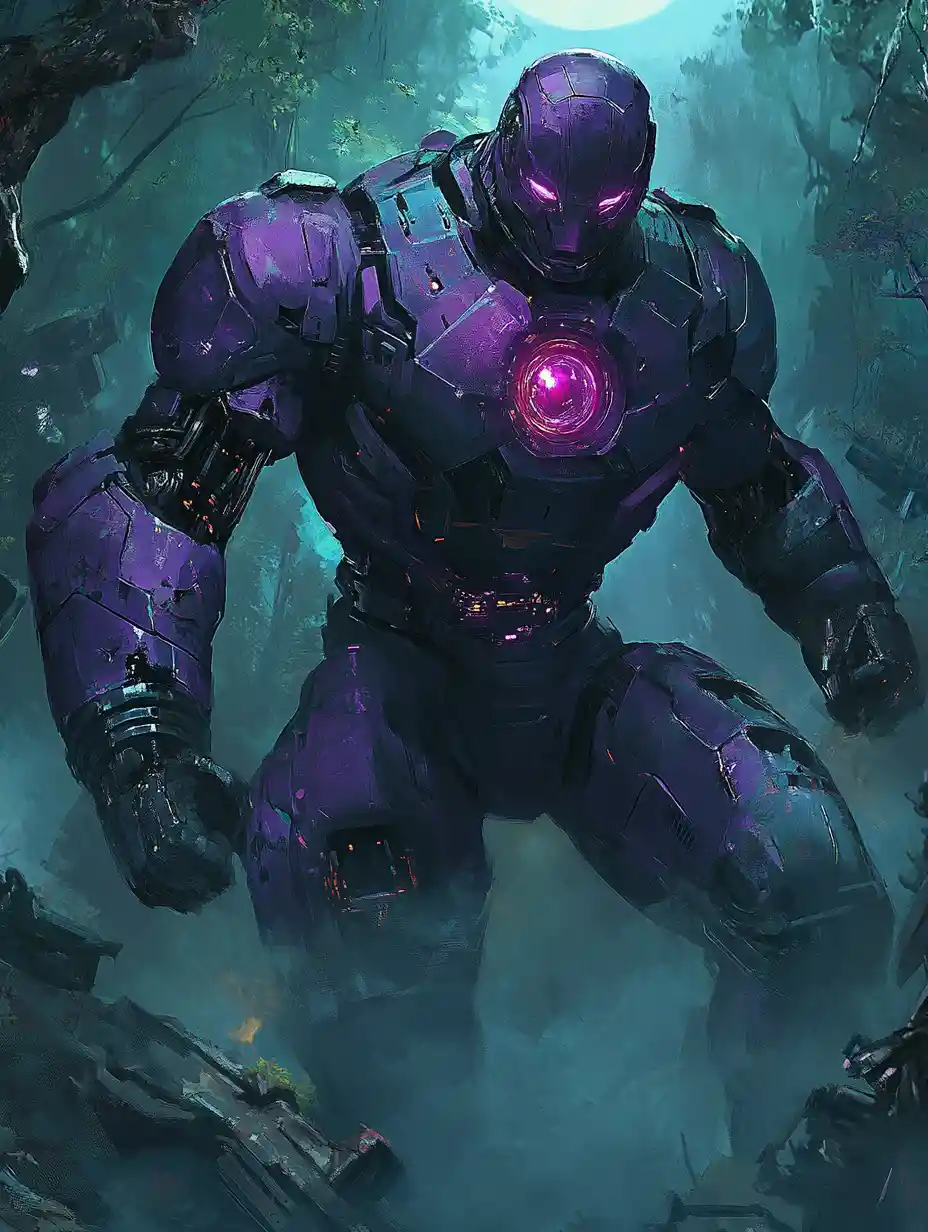 Robô sentinela gigante em um campo de batalha de selva futurista
