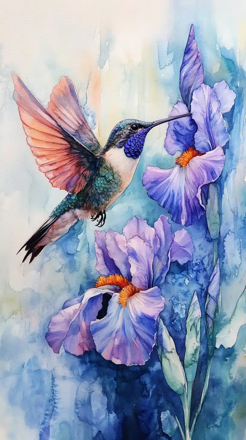 Watercolor hummingbird with iris flower in serene flight