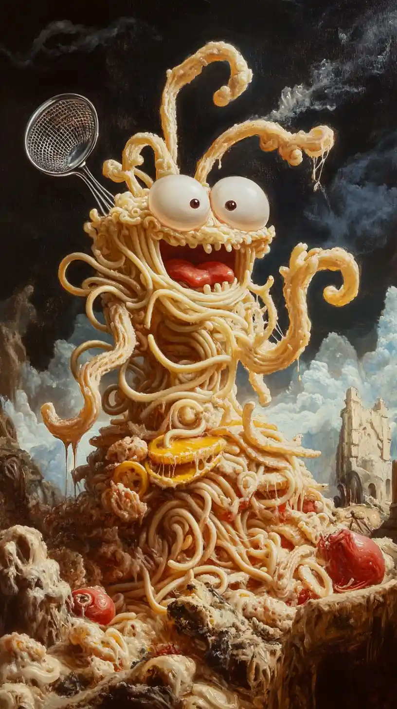 Whimsical flying spaghetti deity on a mountain of pasta