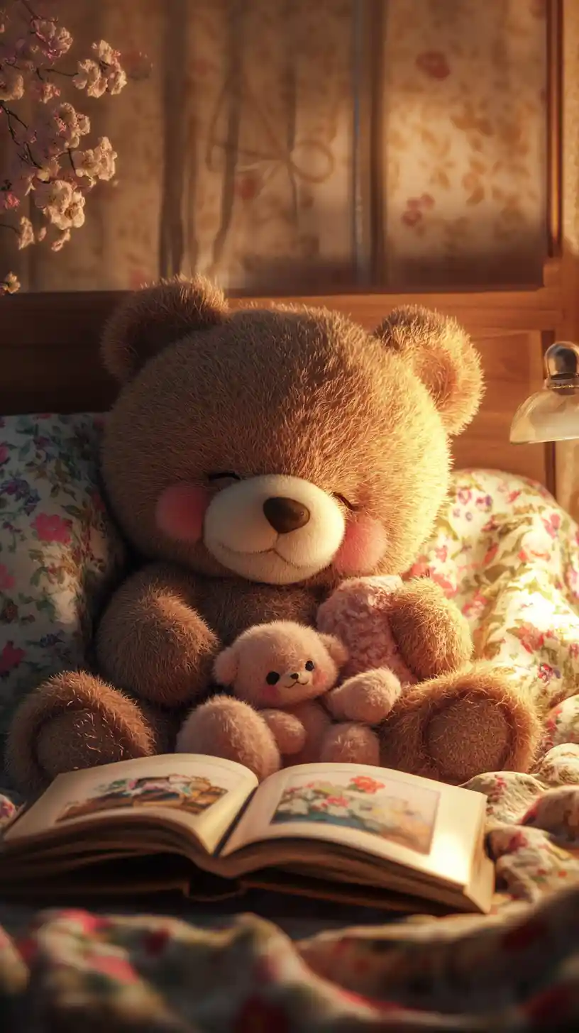 Süßer Teddybär kuschelt im Bett mit Bilderbuch