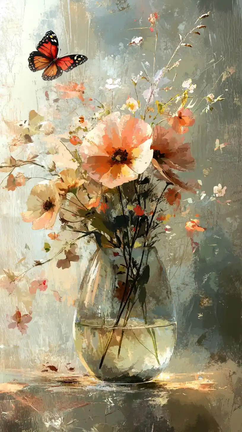 Blumenarrangement mit Schmetterling im warmen Digitalmalerei-Stil