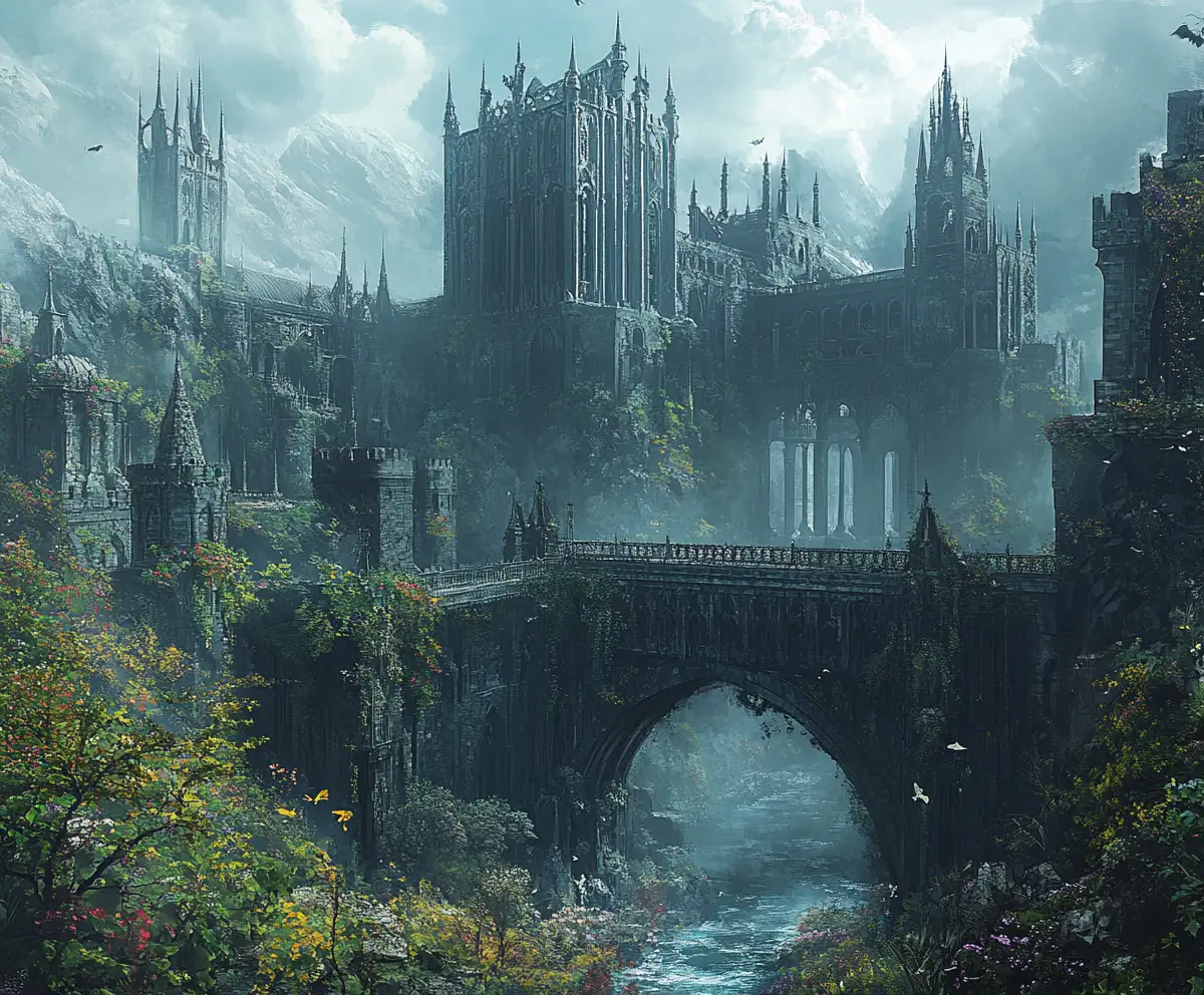 Dark fantasy city of elegant dark elf architecture