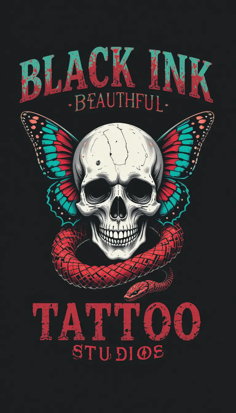 Snake And Skull Tattoo With Butterfly On Black Background