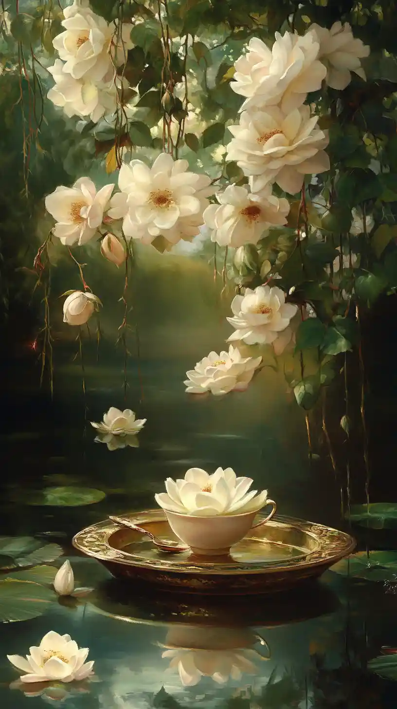 Romantic rose garden pond at sunset with tea tray