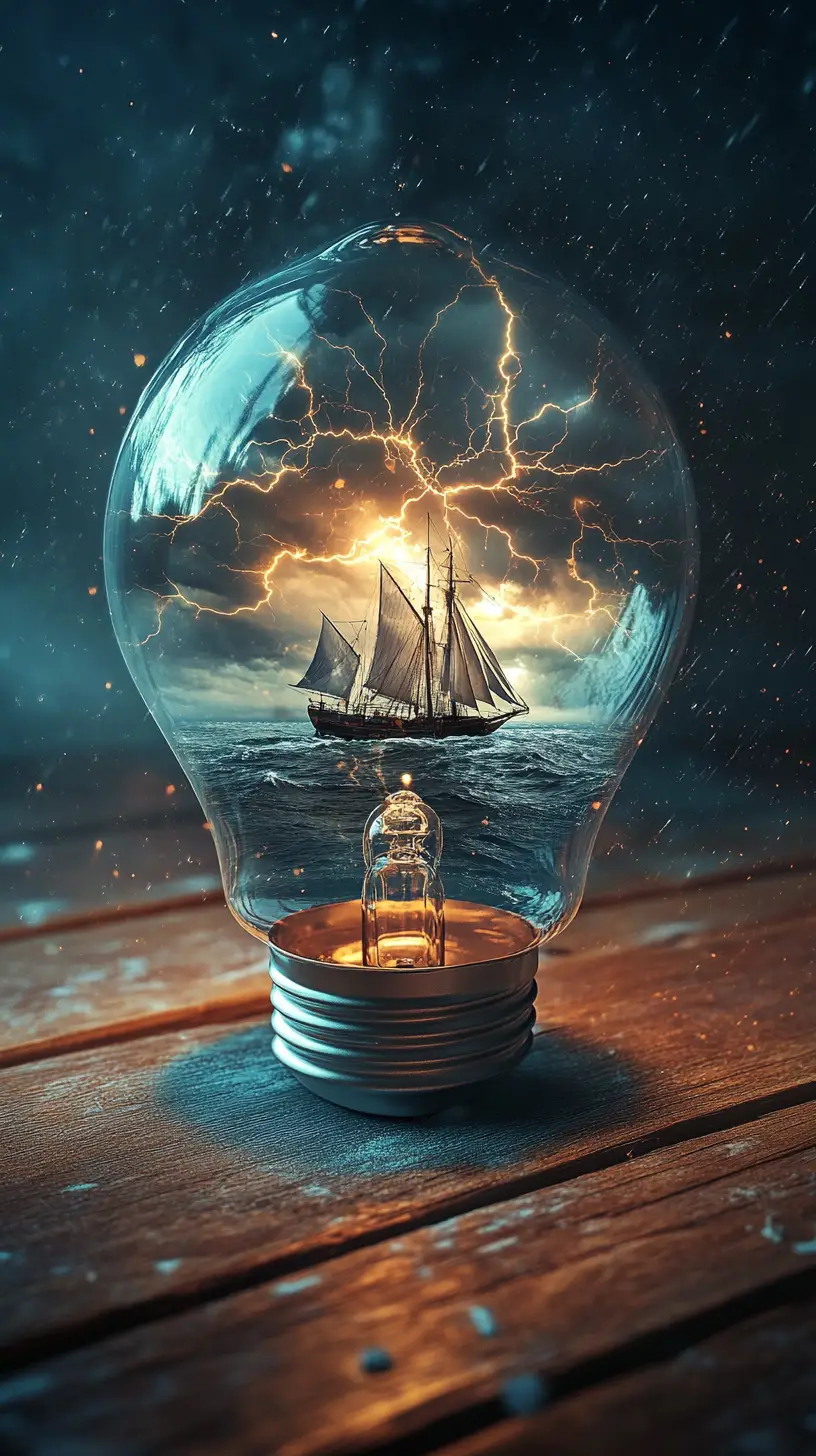Surreal Stormy Ocean Inside A Glowing Light Bulb