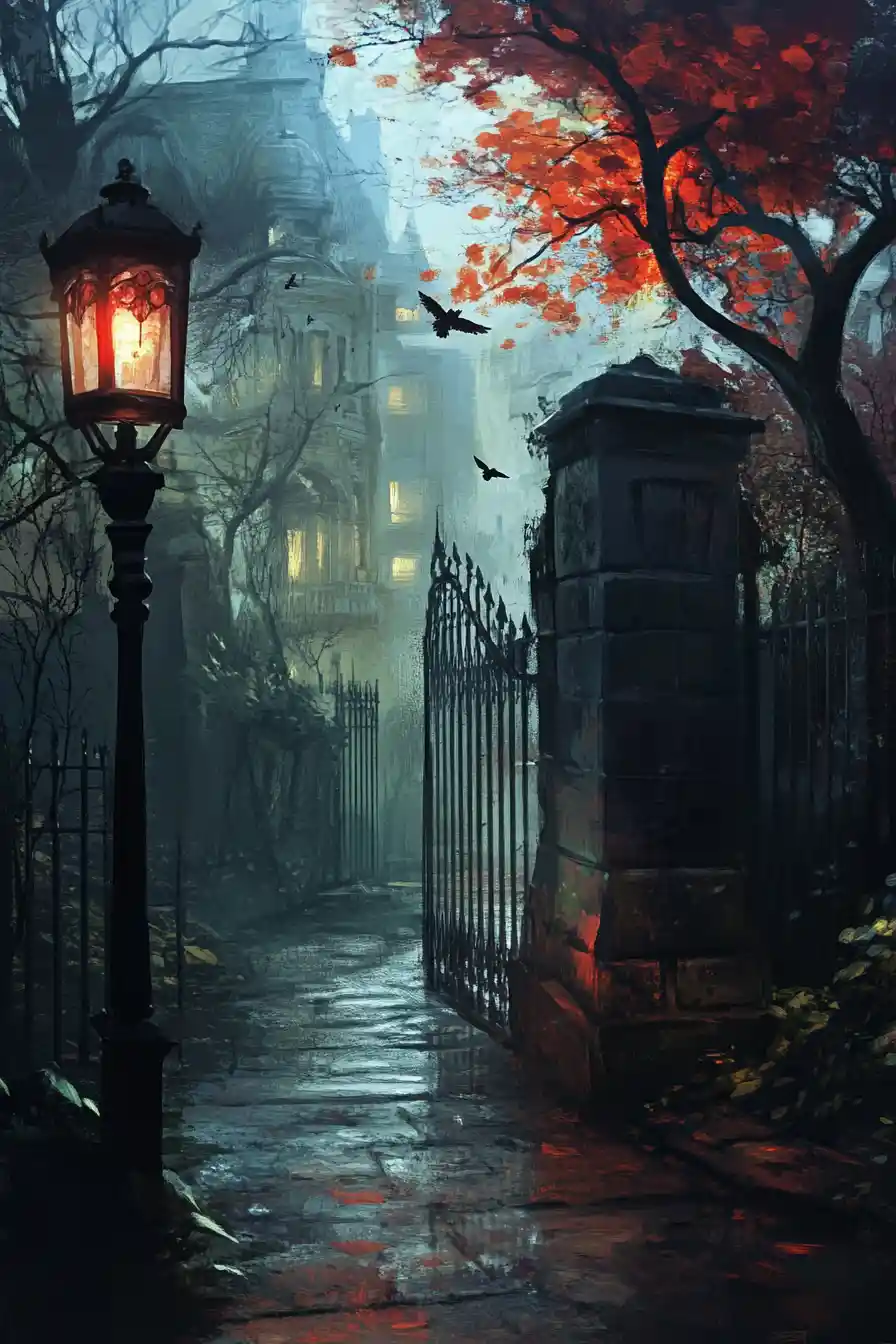 Mysterious figure finds glowing lantern in rainy alley