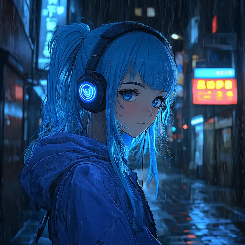 Blue haired anime girl in rainy neon city alley