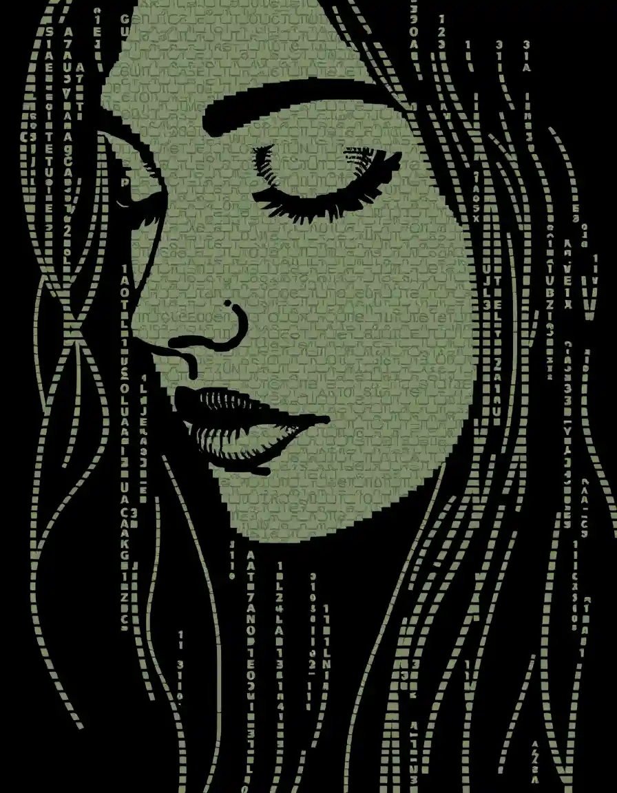 Ascii art portrait of a serene woman in close up