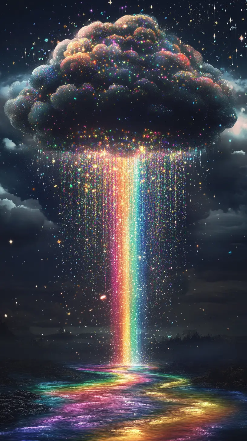 Nube oscura vertiendo un arcoíris reluciente en un río