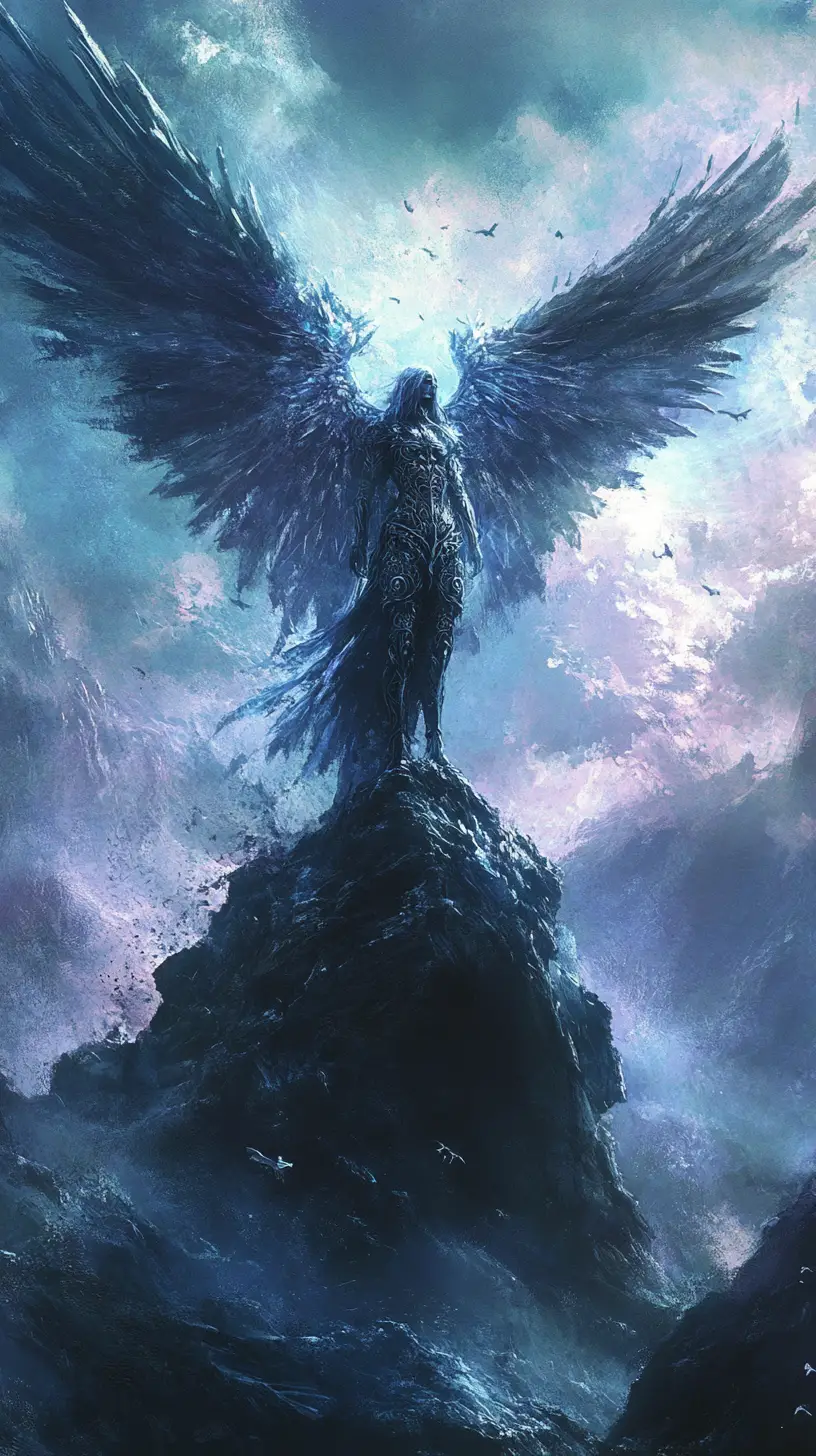 Winged angel on mountain peak under mystical sky