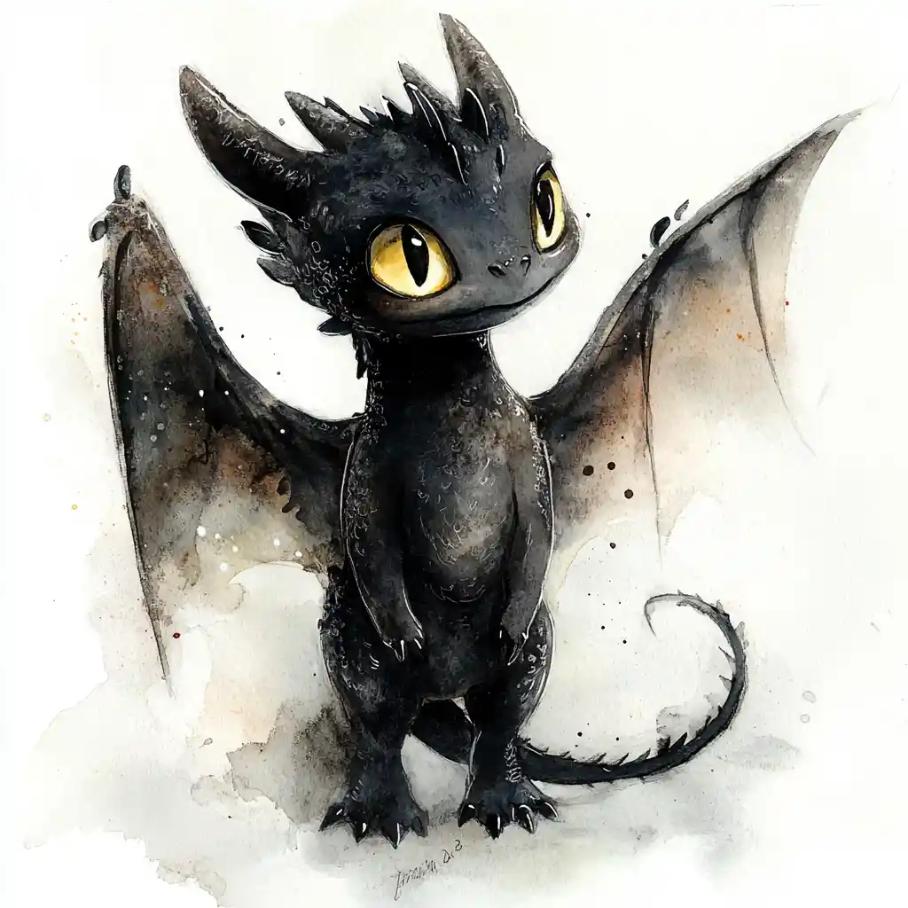 Dreamlike watercolor close up of a tiny black dragon