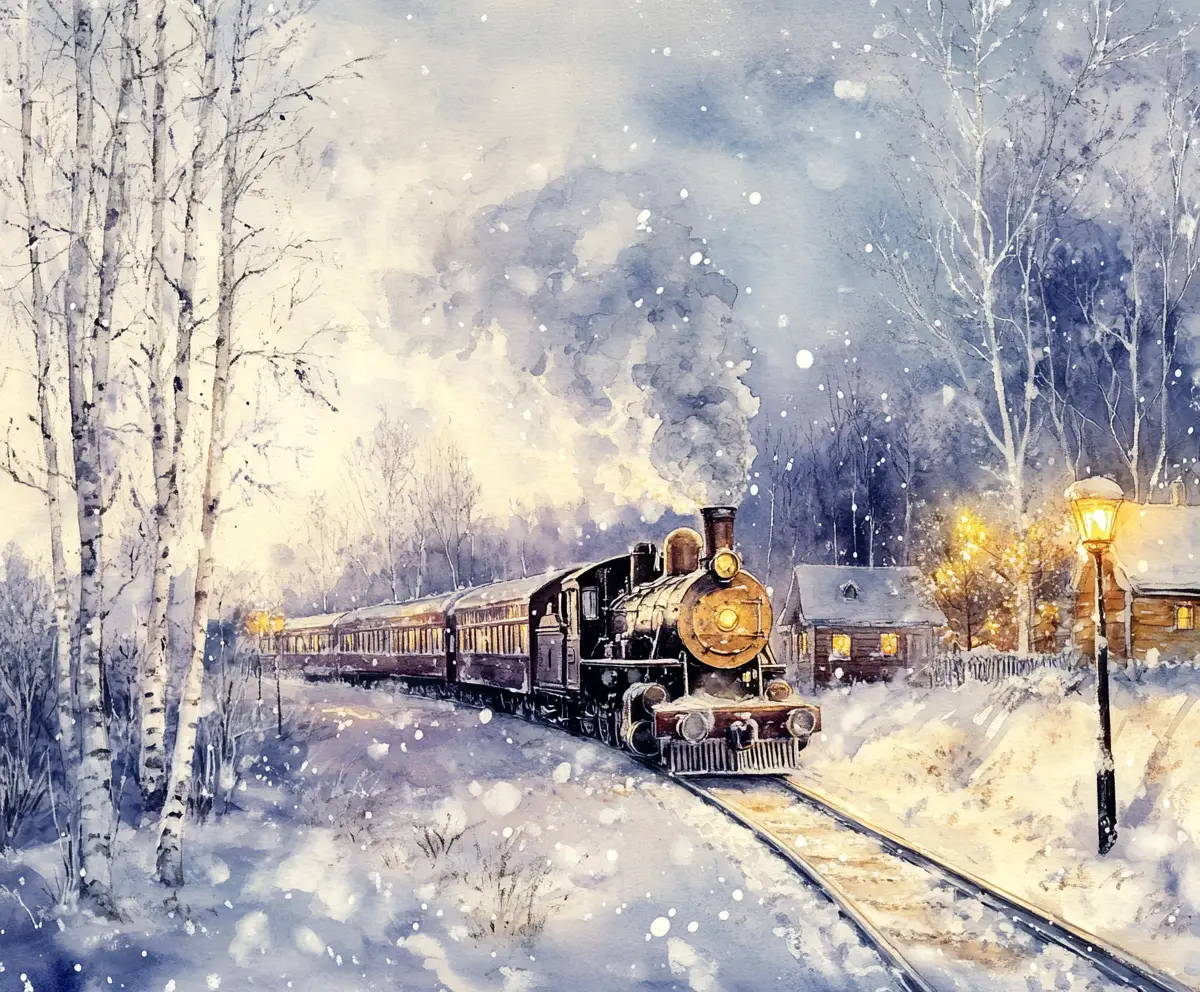Watercolor winter train passing a village in soft lamplight