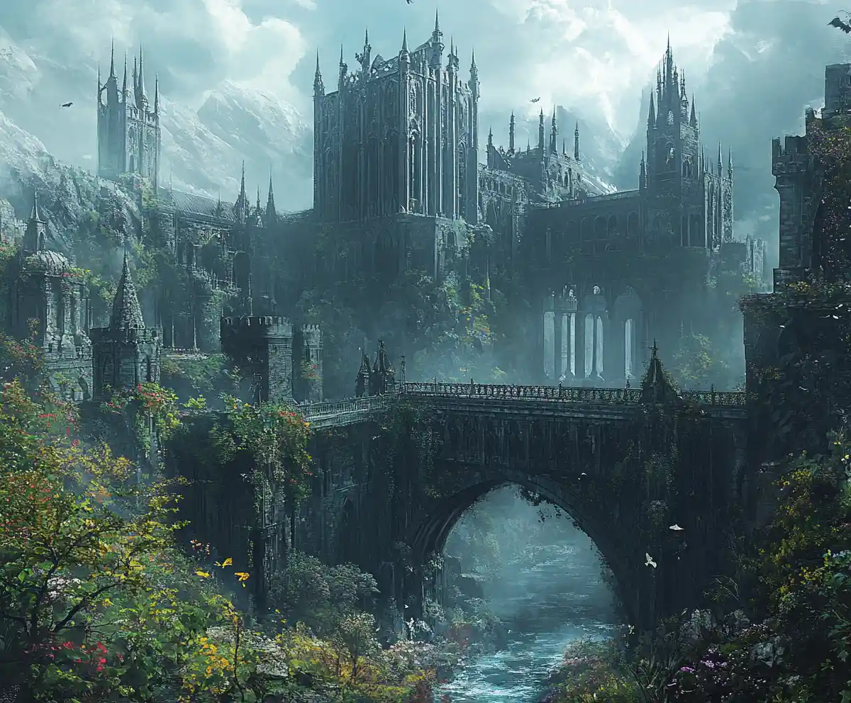 Città dark fantasy con elegante architettura di elfi oscuri