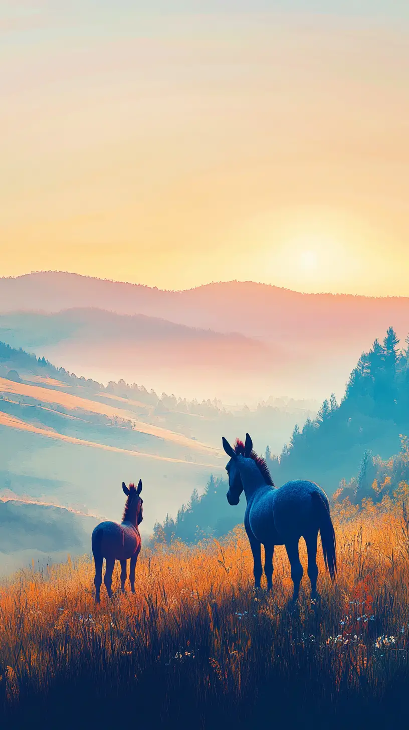 Two colorful donkeys at sunrise in misty countryside