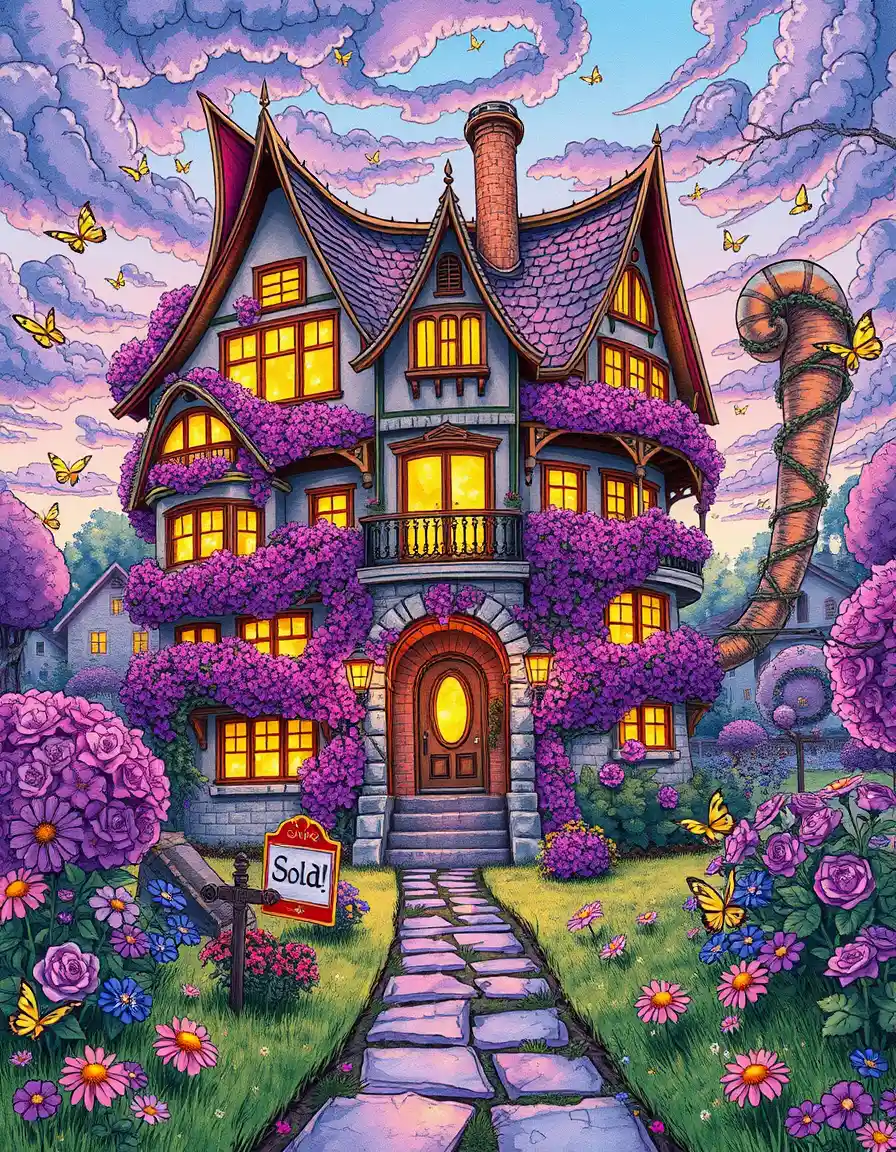 Verspieltes katzenförmiges Fantasy-Haus im blühenden Garten