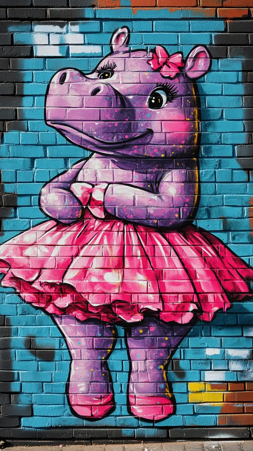 Cute graffiti hippo ballerina dancing on brick wall