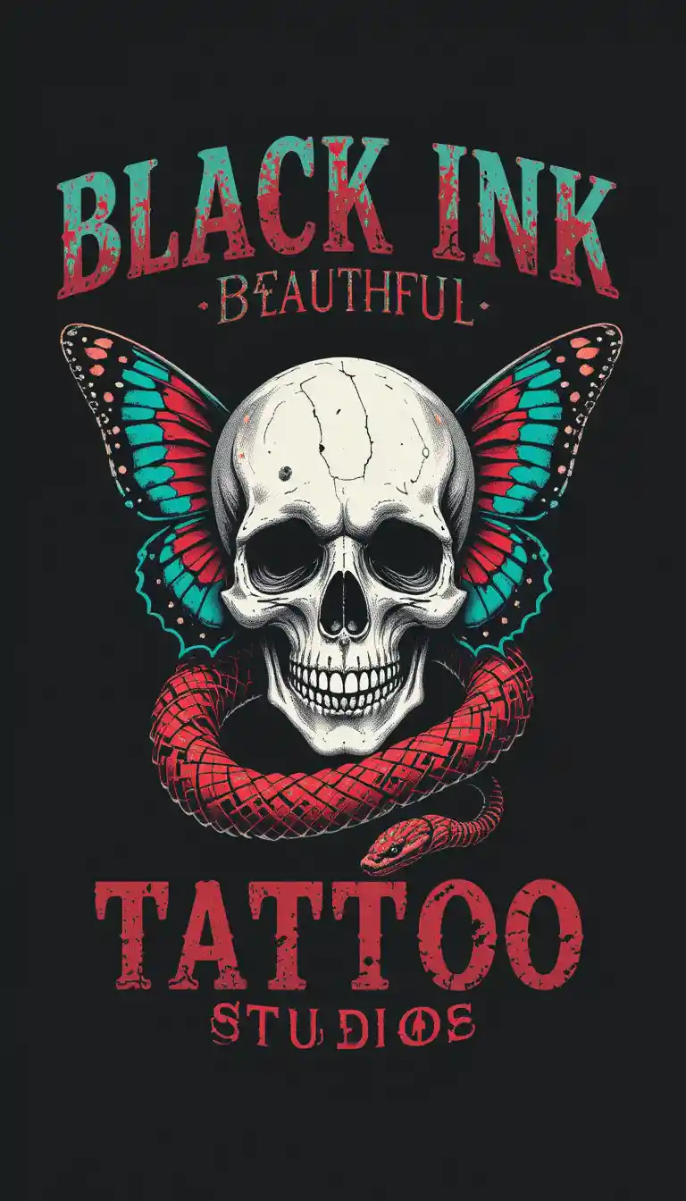 Tatouage serpent et crâne avec papillon sur fond noir