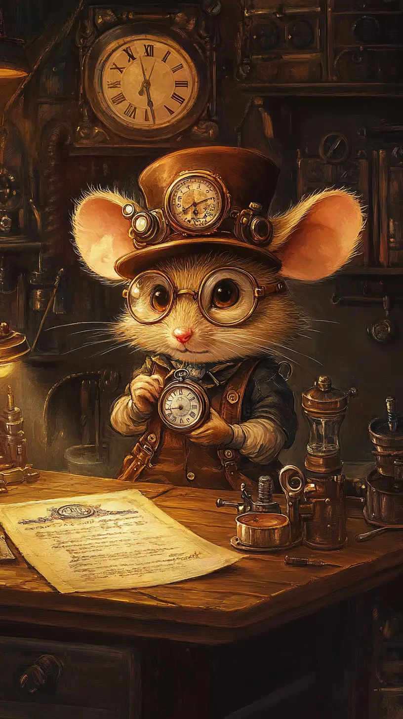 Steampunk mouse with pocket watch in cozy clock workshop