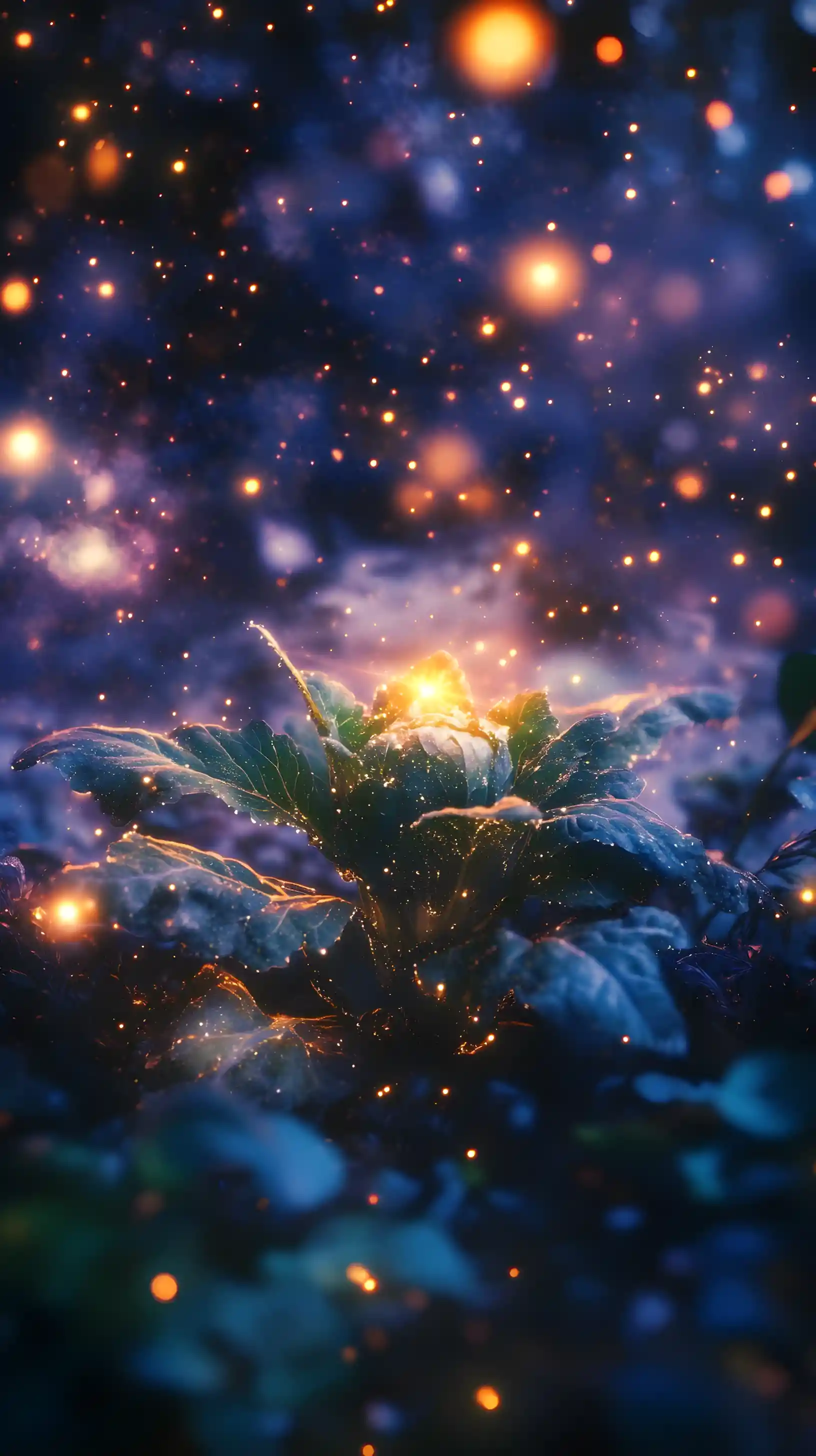 Single cabbage growing on farmland under glowing nebula sky