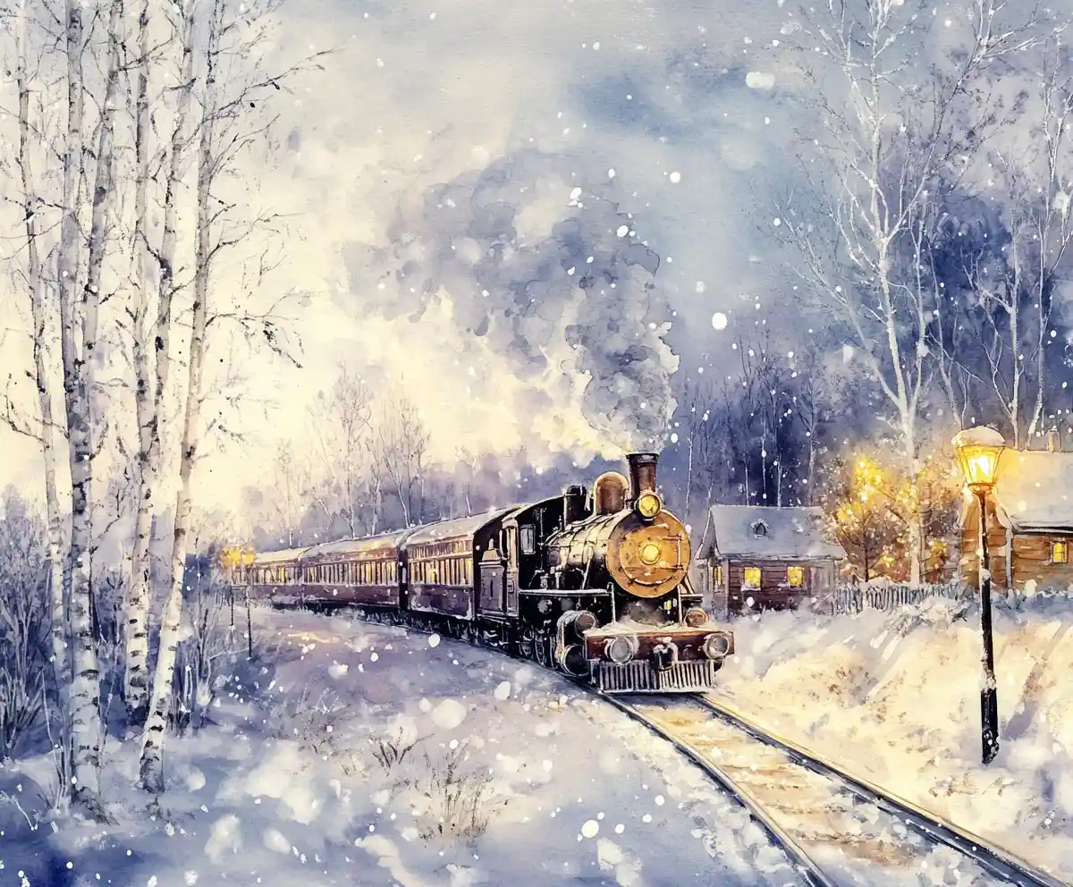 Watercolor winter train passing a village in soft lamplight