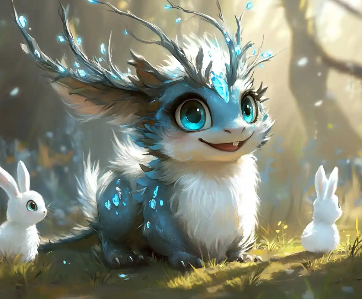 Adorável dragão do trovão com coelhos em uma floresta mágica
