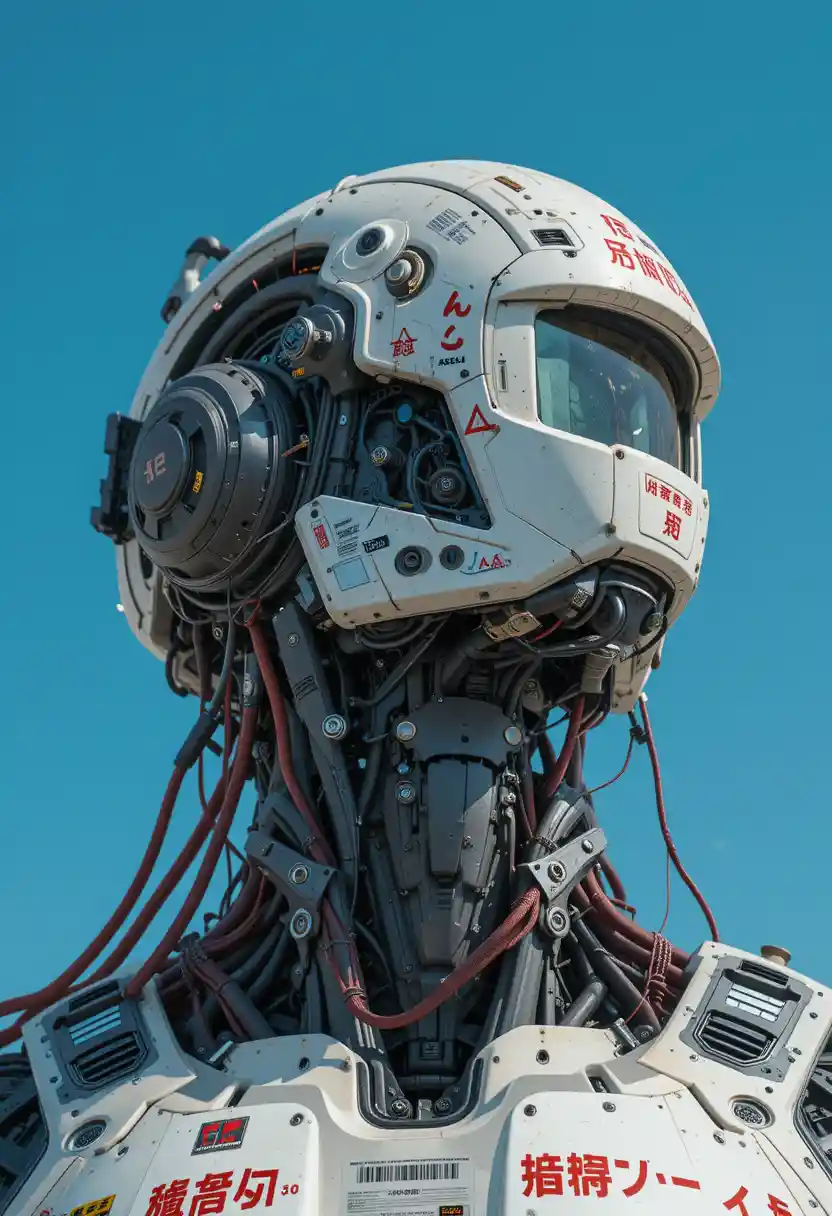 Primo piano di un ritratto di testa di androide industriale futuristico