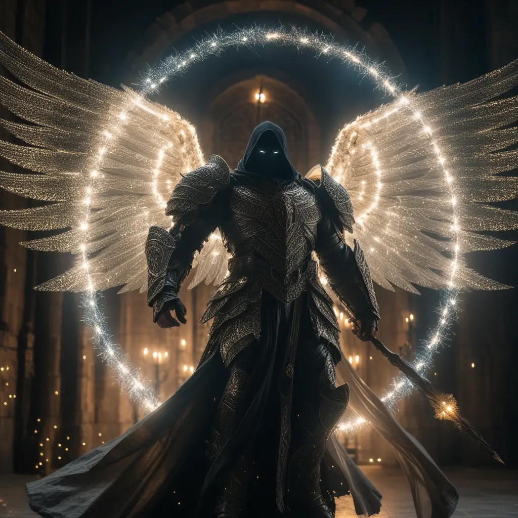 Luminous archangel of light shattering a castle gate