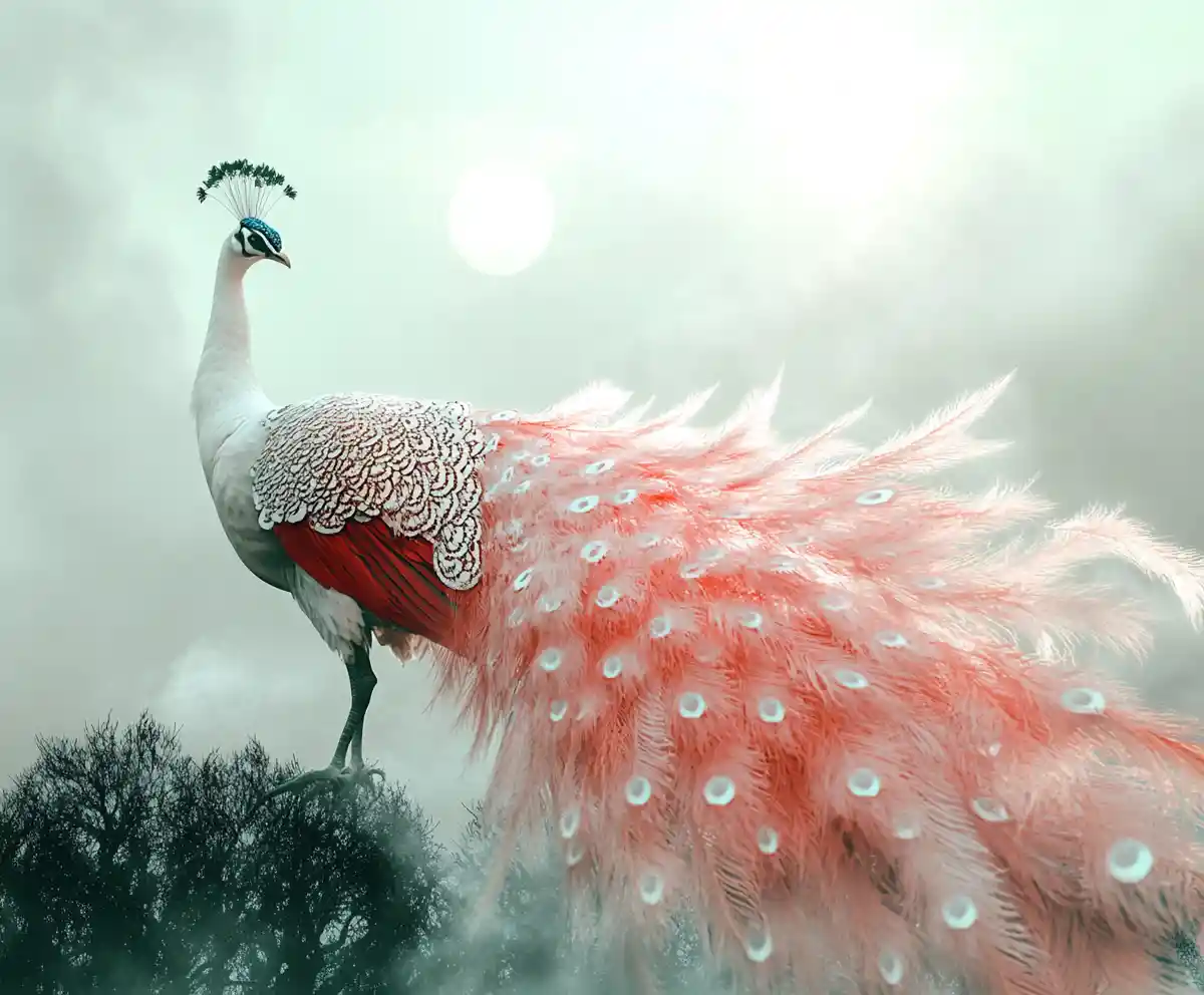 Surreal Scarlet And White Peacock In Moonlit Fog