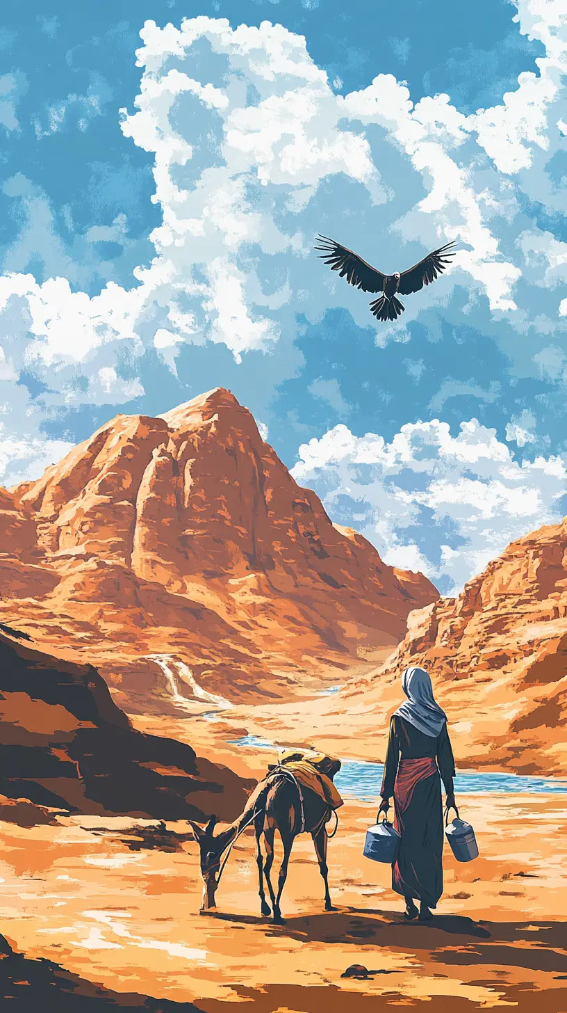 Arabian desert woman leading donkey through vast mountains