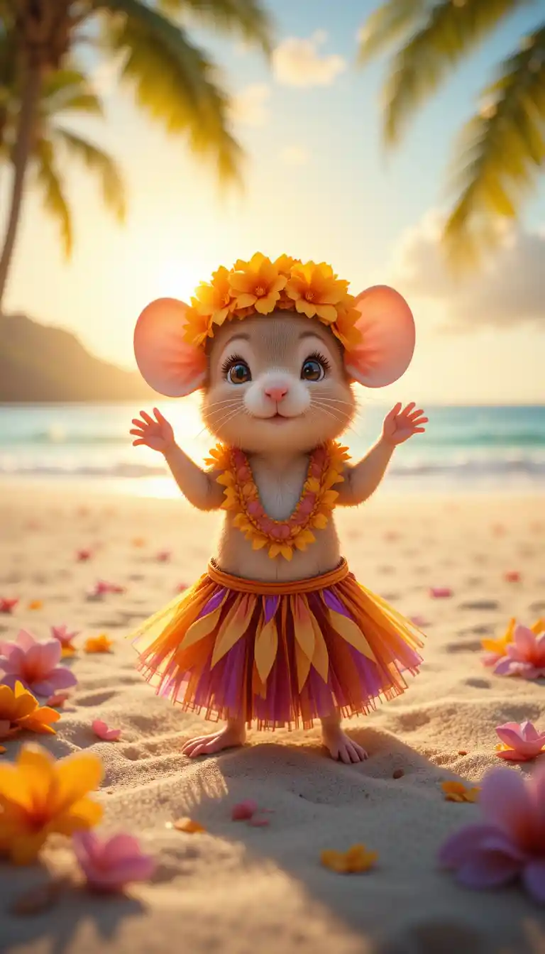 Cute dancing mouse on a tropical beach at sunset
