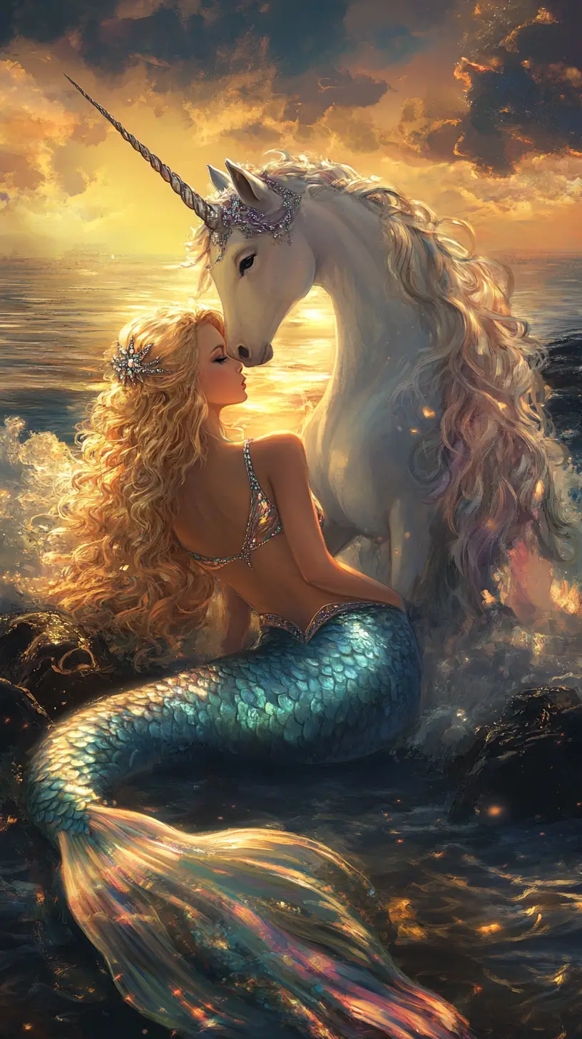 Serene mermaid and unicorn at sunset beach shoreline