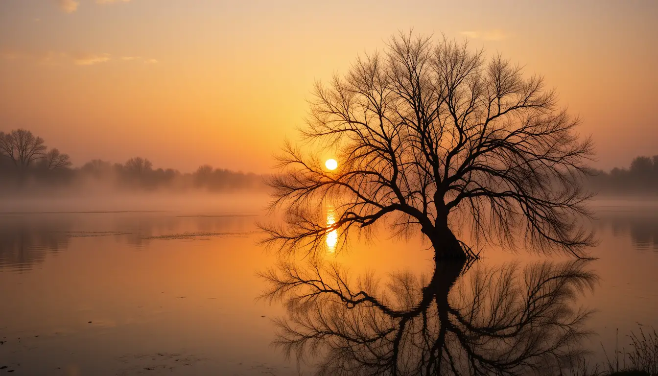 Sunrise over a calm reflective lake with lone willow