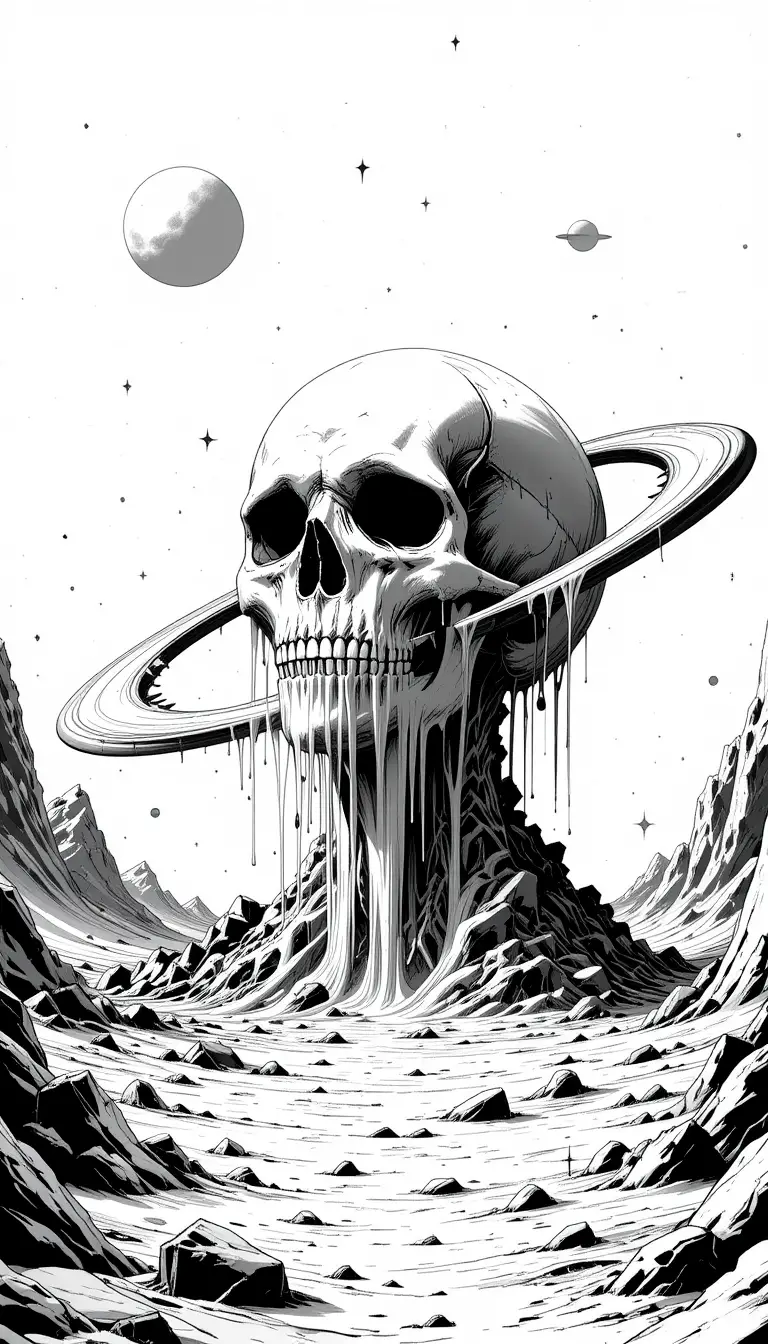 Surreal Melting Skull Planet In Monochrome Cosmic Landscape